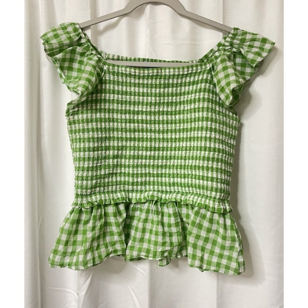 Draper James Women’s Green And White Check Stretch Ruffled Blouse Size L